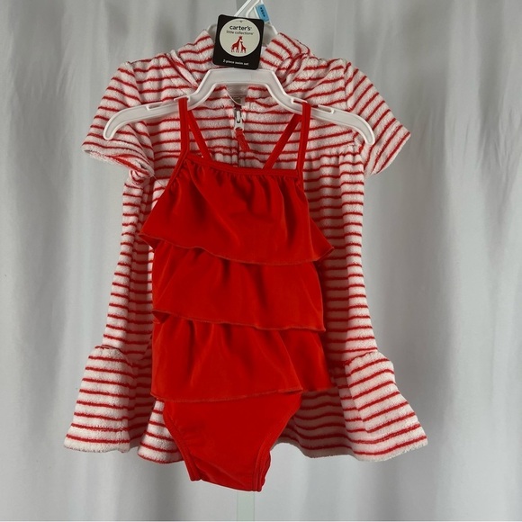 NEW Carter's 6 Months One Piece Swimsuit Bundle Towel Robe Swim Cover Ruffle - Picture 1 of 9